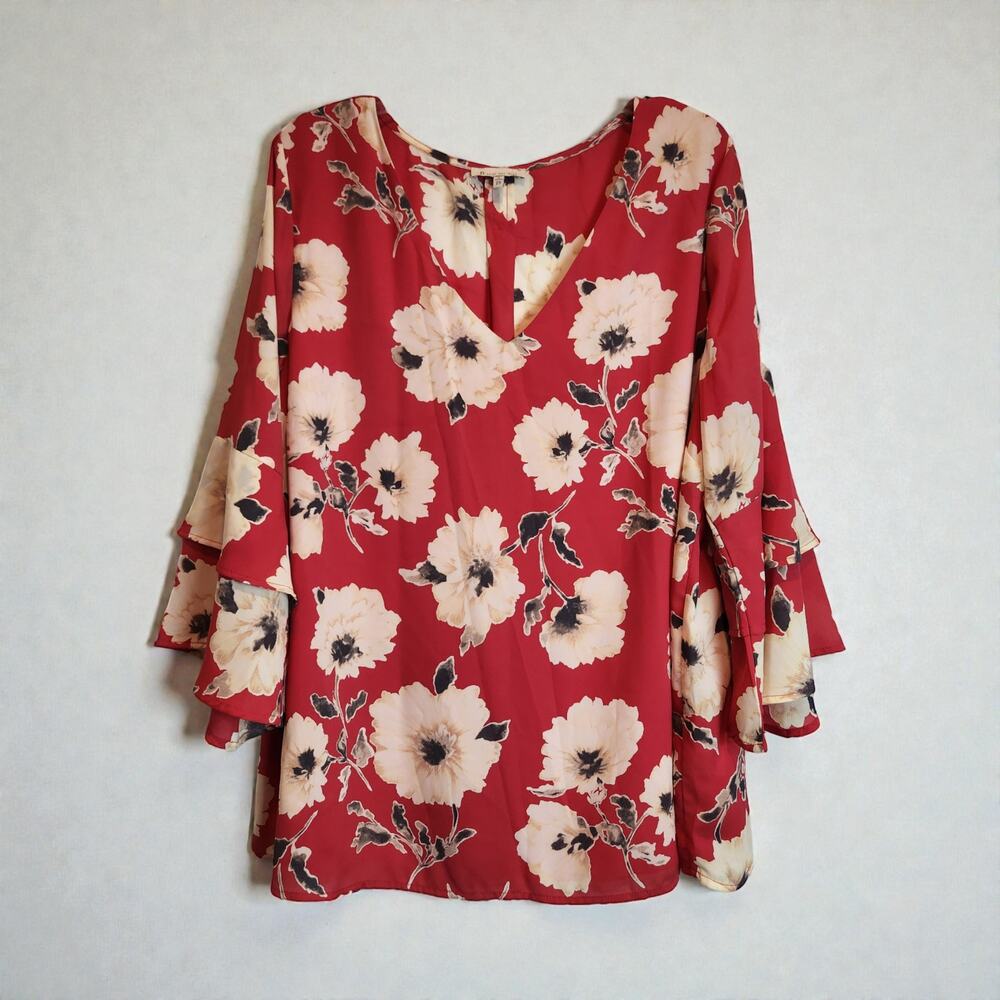 B Skies Are Blue Size 2X Blouse Coral Floral V-Neck Top